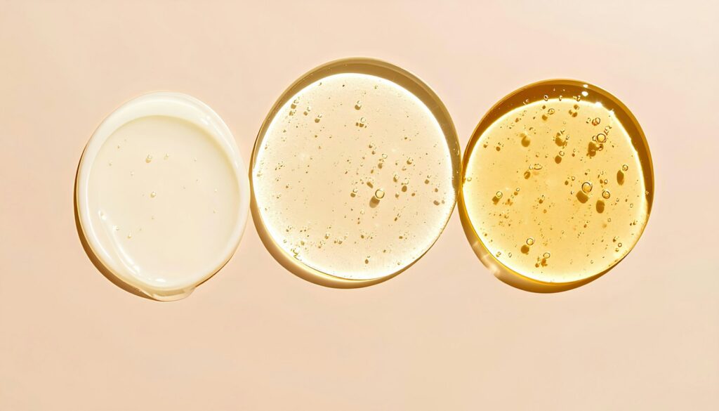 Textures de soins en gel, crème et huile disposées sur un fond beige